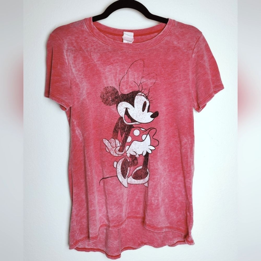 Disney Women's Distressed High Low Minnie Mouse Crewneck T-shirt, Red, Sz S